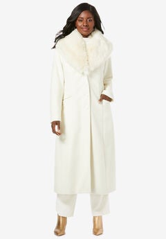 Long Wool-Blend Coat with Faux Fur Collar