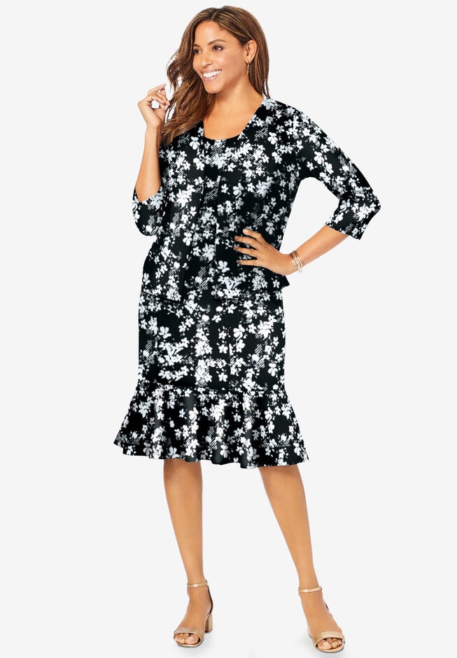 2-Piece Flounce Hem Ponte Jacket Dress, BLACK DITSY FLORAL, hi-res image number null