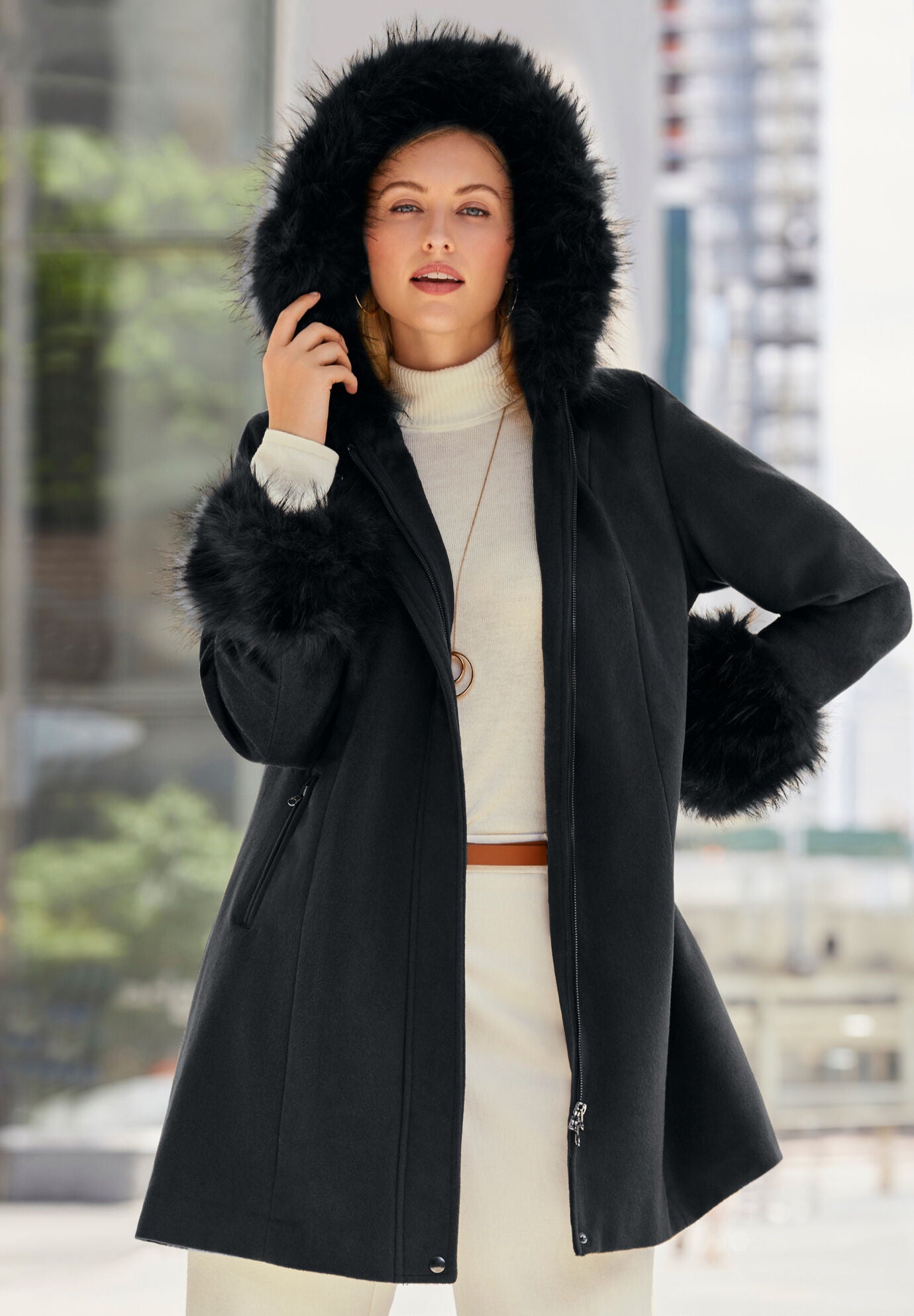 Faux fur trim for coat hood top