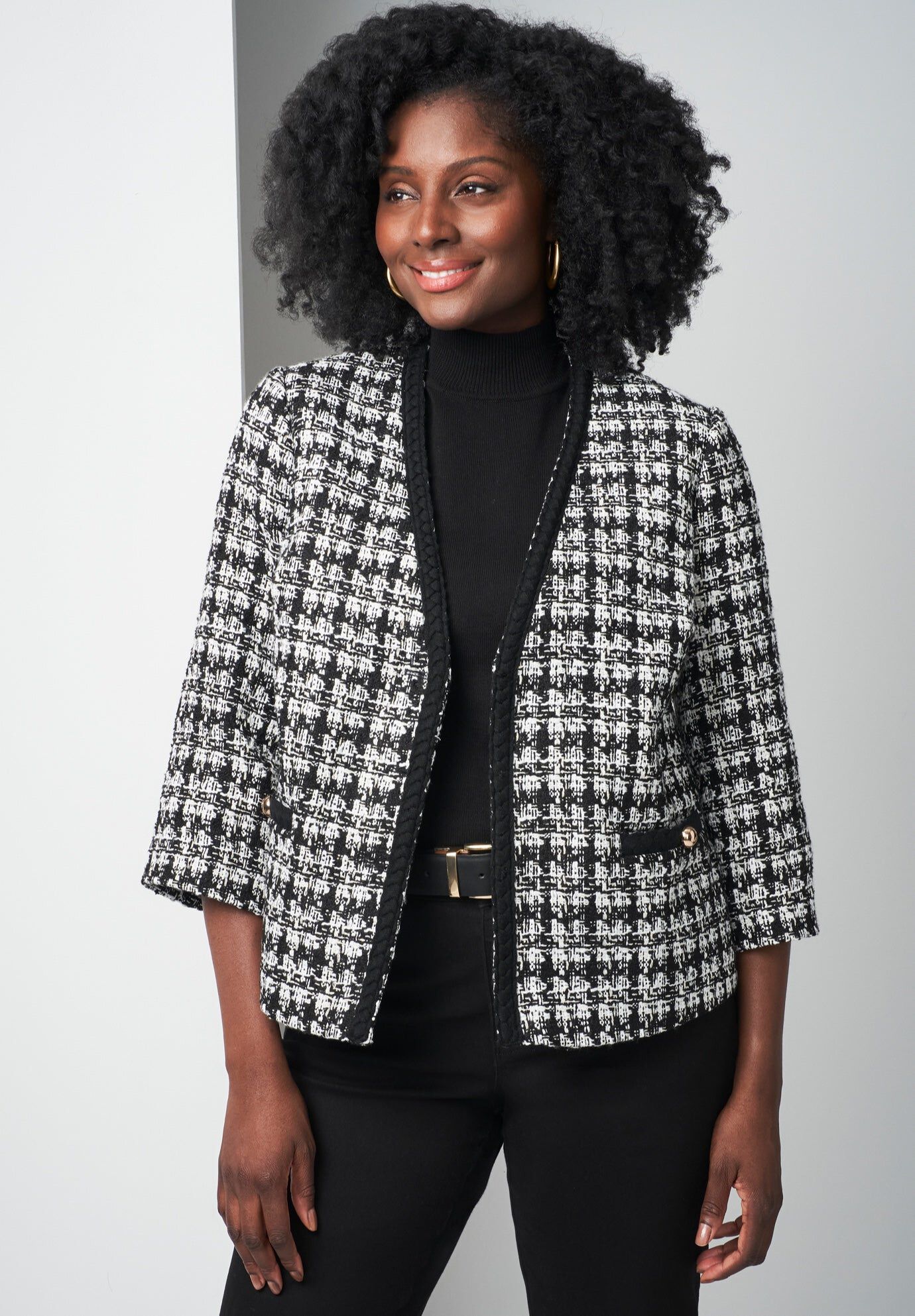 Tweed V-Neck Jacket, BLACK WHITE TWEED, hi-res image number 0