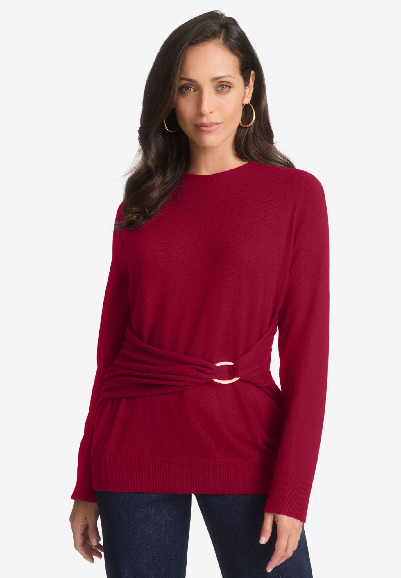 Shirred Waist Crewneck Sweater, RICH BURGUNDY, hi-res image number 0