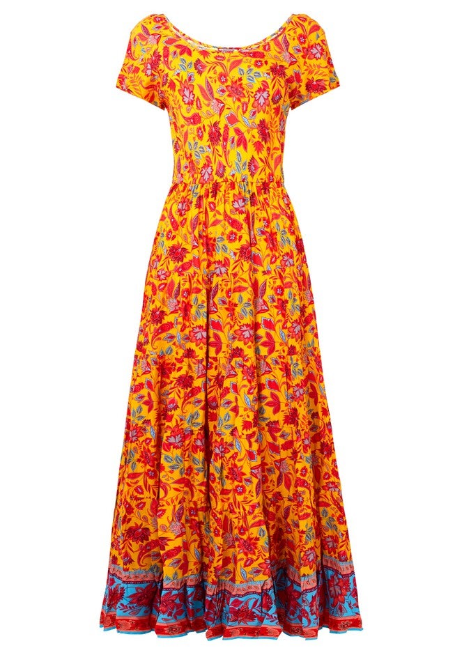 Short Sleeve Flowy Maxi Dress, GOLDEN BLOOM, alternate image number null