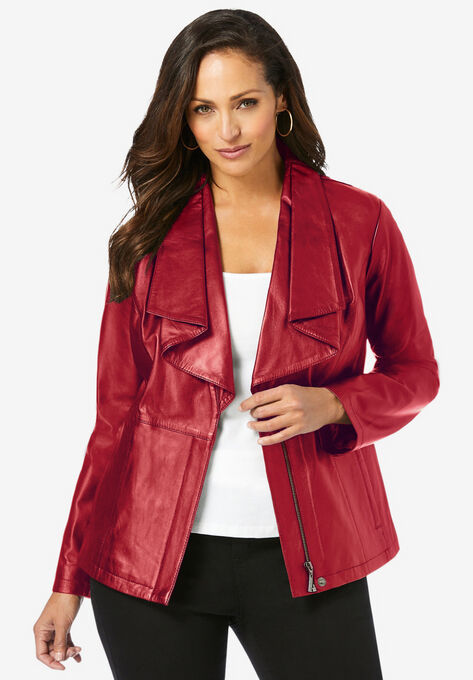 Drape-Front Leather Jacket, CLASSIC RED, hi-res image number null