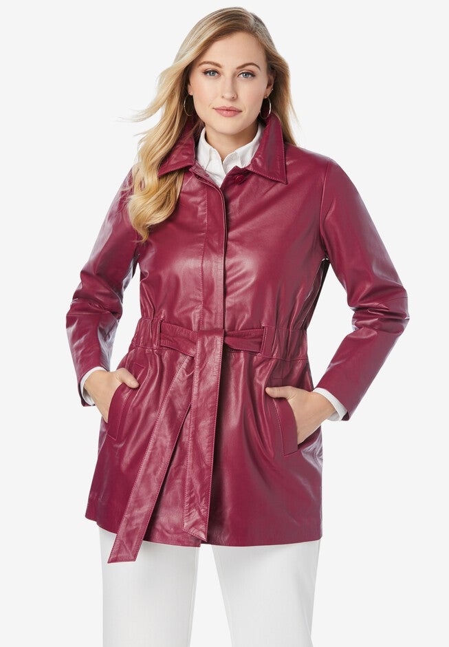 Cinched Waist Leather Jacket, BERRY TWIST, hi-res image number 0