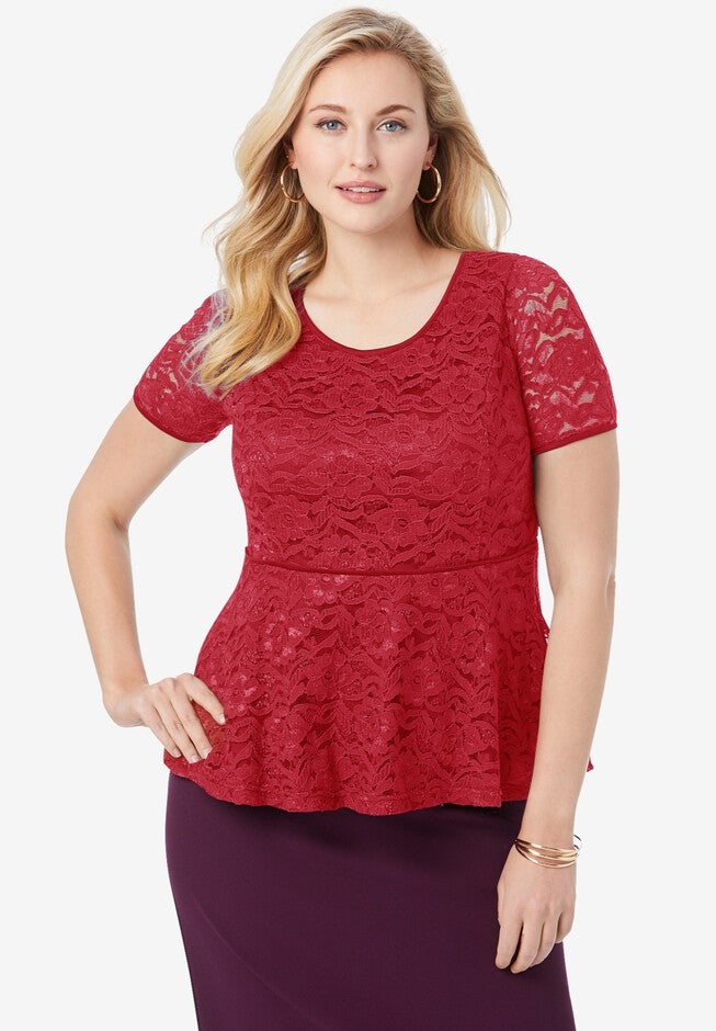 Peplum Lace Top, CLASSIC RED, hi-res image number null