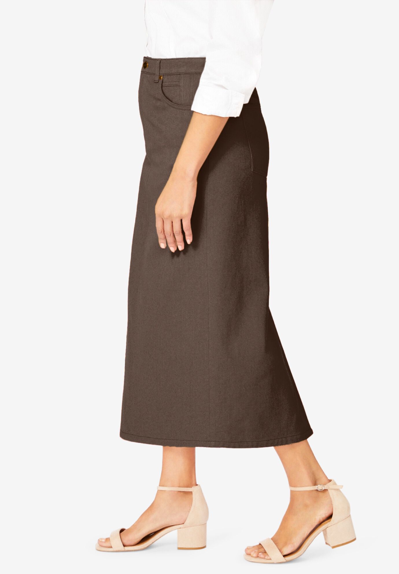 Classic Cotton Denim Midi Skirt, CHOCOLATE, alternate image number 2