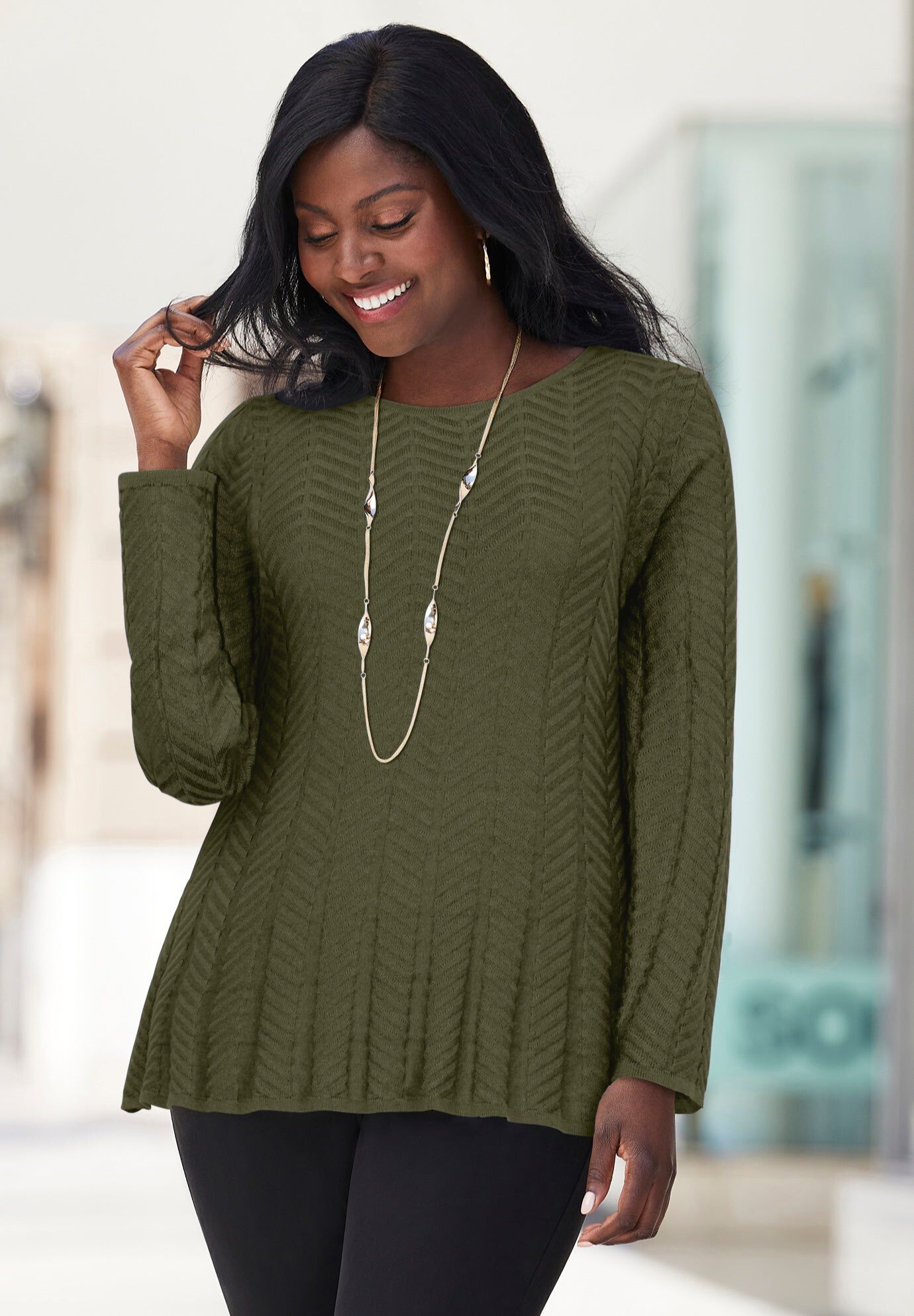 Chevron Fit & Flare Sweater, DARK OLIVE GREEN, hi-res image number 0