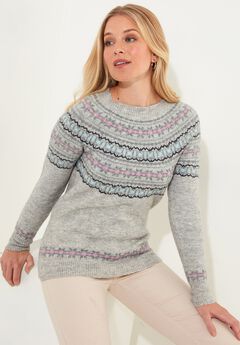 Fair Isle Rib Trim Crewneck Pullover