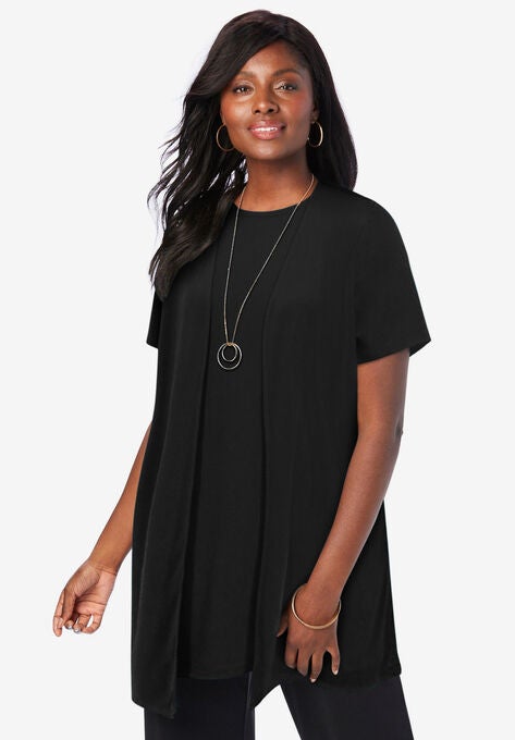 Travel Knit Collarless Topper, BLACK, hi-res image number null
