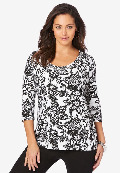 Embellished Scoop Neck Tee, WHITE FOLK IKAT, hi-res image number null