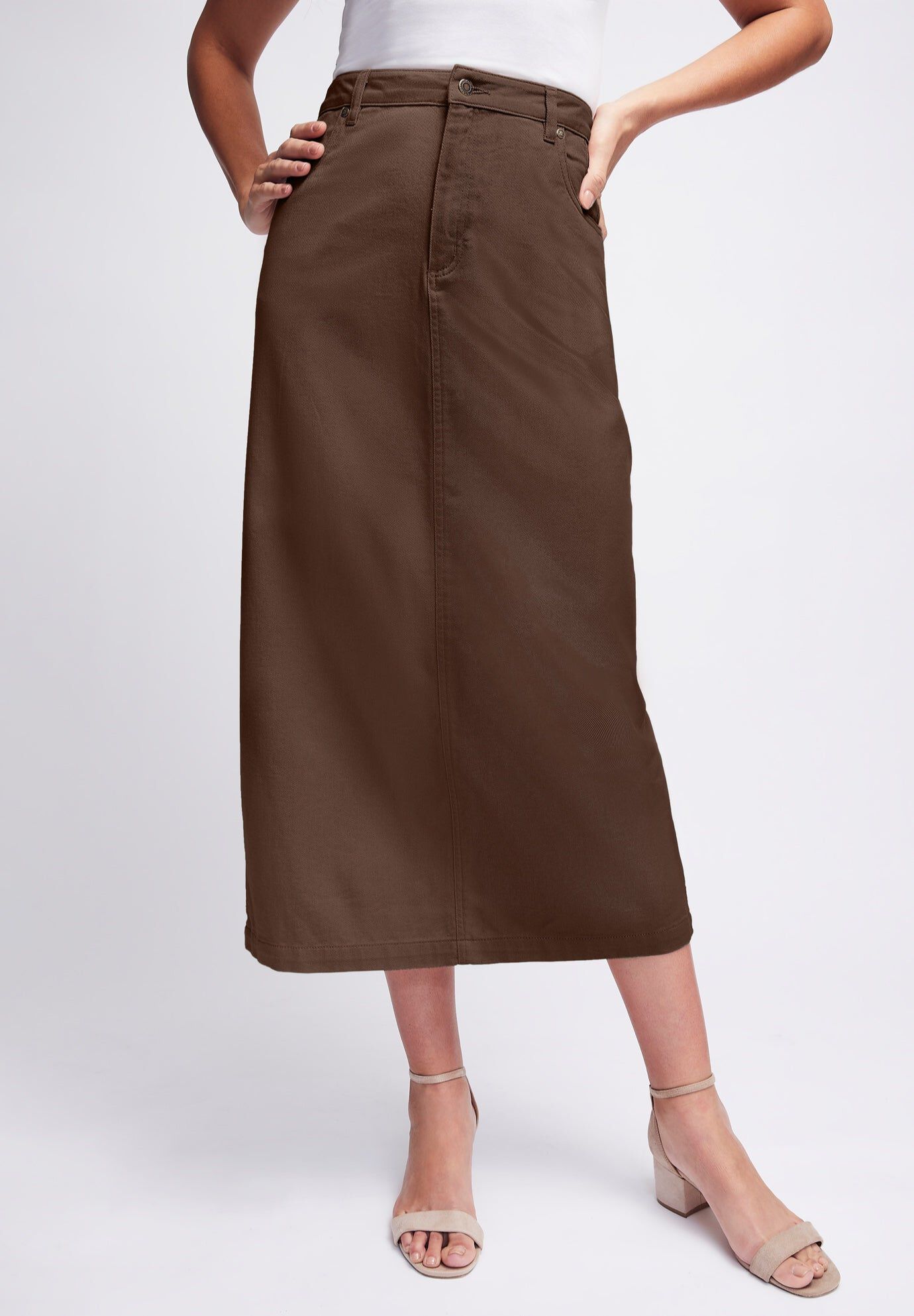 Classic Cotton Denim Midi Skirt, CHOCOLATE, hi-res image number 0