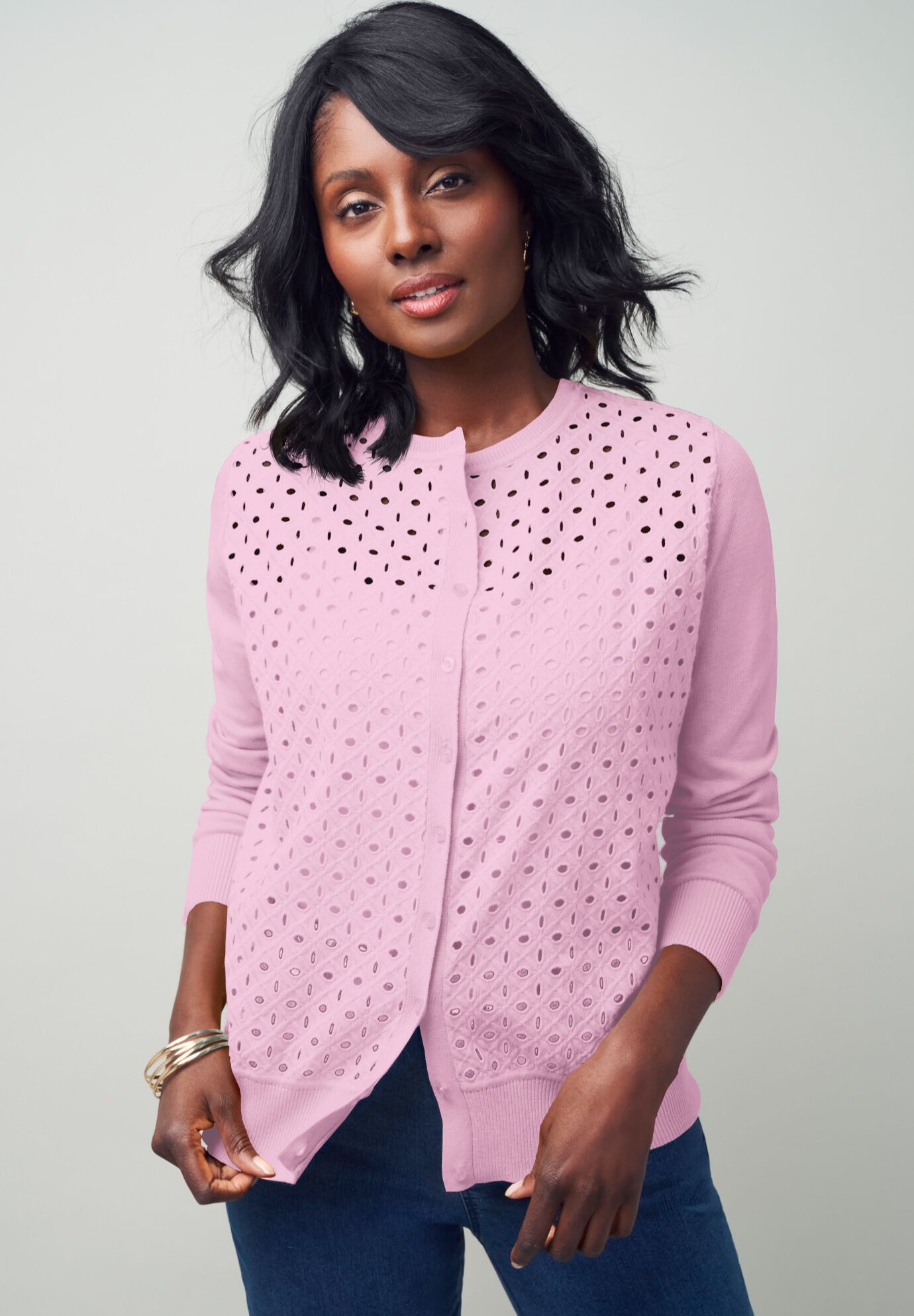Fine Gauge Eyelet Cardigan, PINK, on-hover image number 1