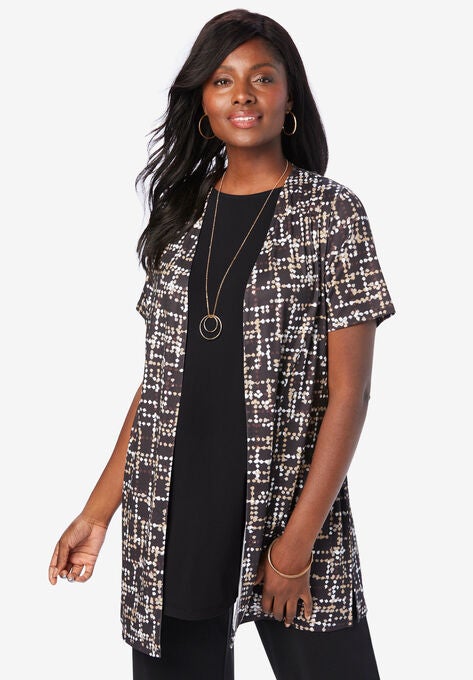 Knit Collarless Topper, BLACK GRID DOT, hi-res image number null