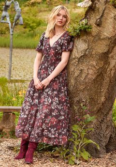 V-Neck Flounce Midi Dress