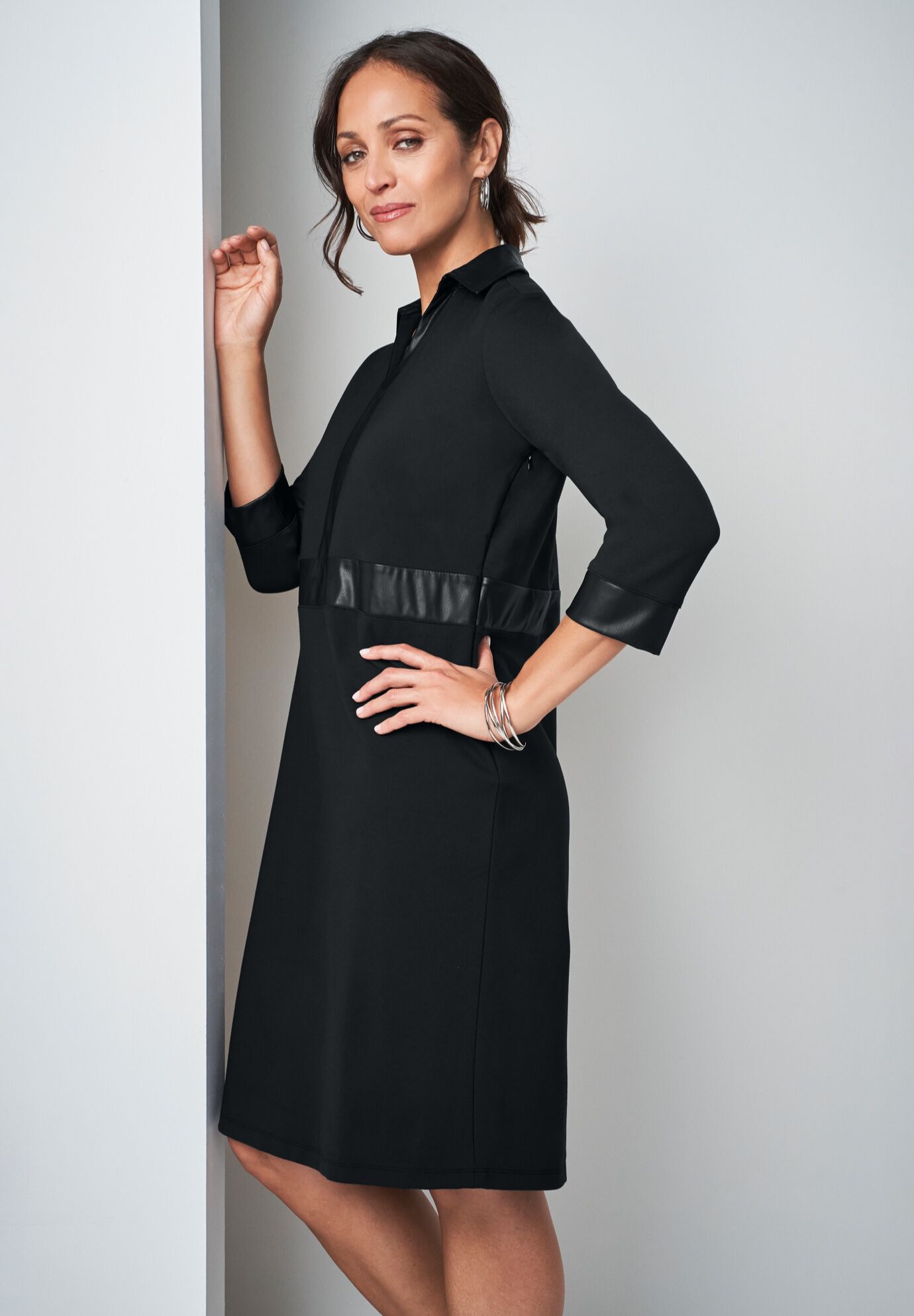 Faux Leather Trim Dress, BLACK, alternate image number 2