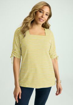 Stretch Cotton Tie Sleeve Square Neck Tee