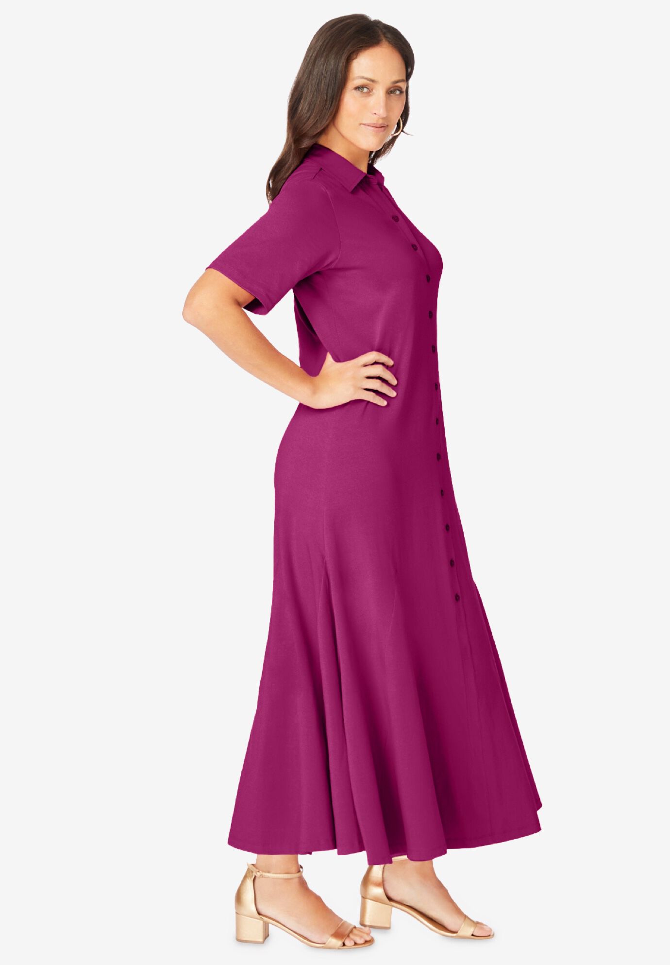 Stretch Cotton Button Front Maxi Dress, RASPBERRY, alternate image number 2