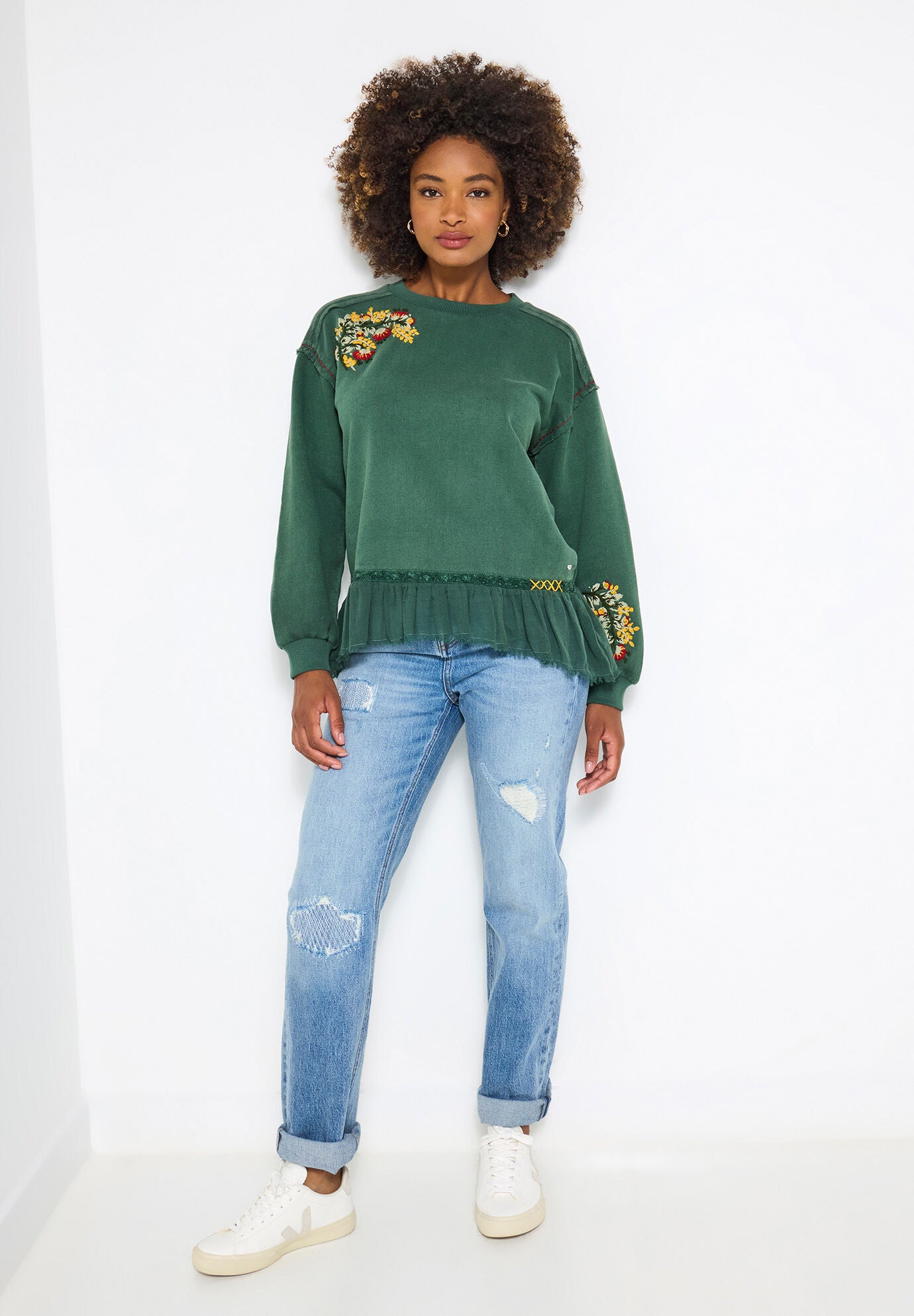 Peplum Sweatshirt, GREEN GARDEN EMBROIDERY, alternate image number 3