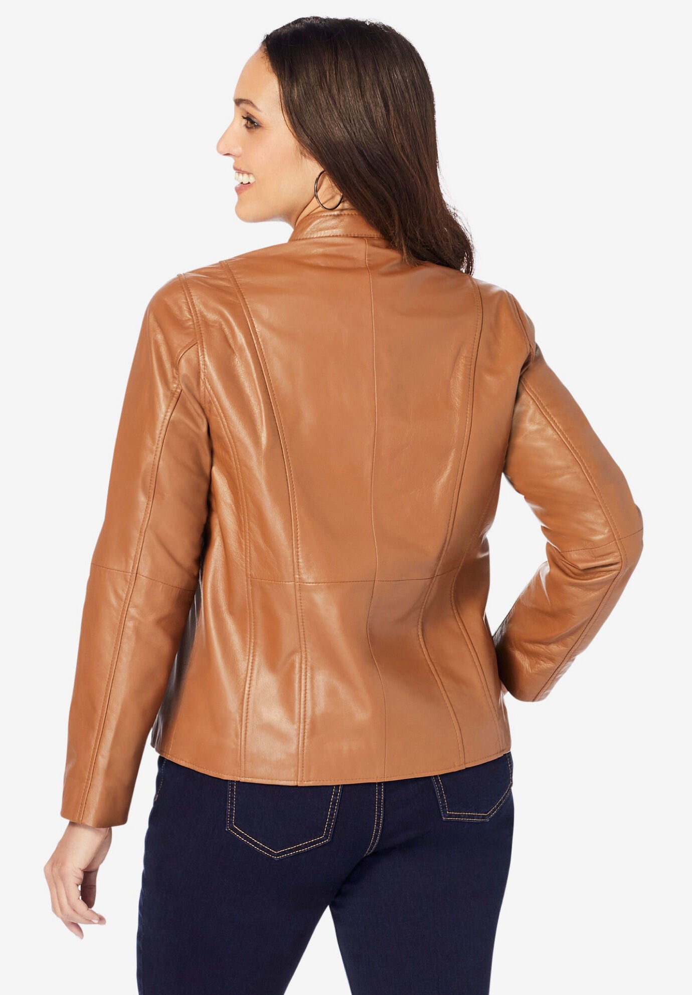Zip Front Leather Jacket, COGNAC, on-hover image number 1