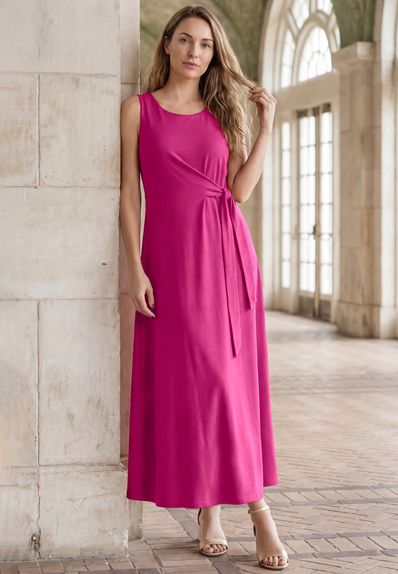 Stretch Cotton Side Tie Maxi Dress, RASPBERRY, hi-res image number 0