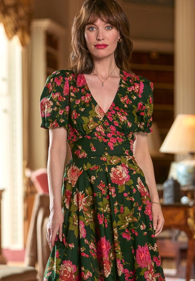 A-Line Button Front Midi Dress, VINTAGE FLORAL, on-hover image number null