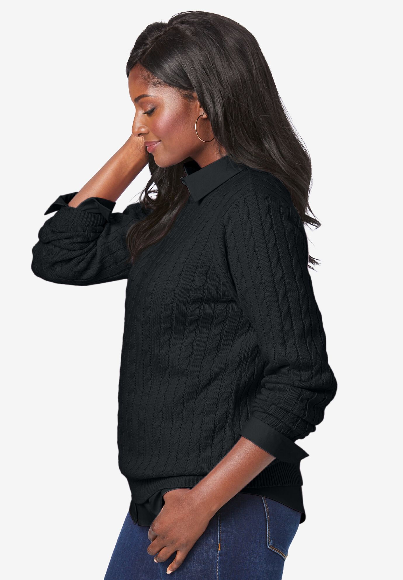 Cable Crewneck Sweater, BLACK, alternate image number 3