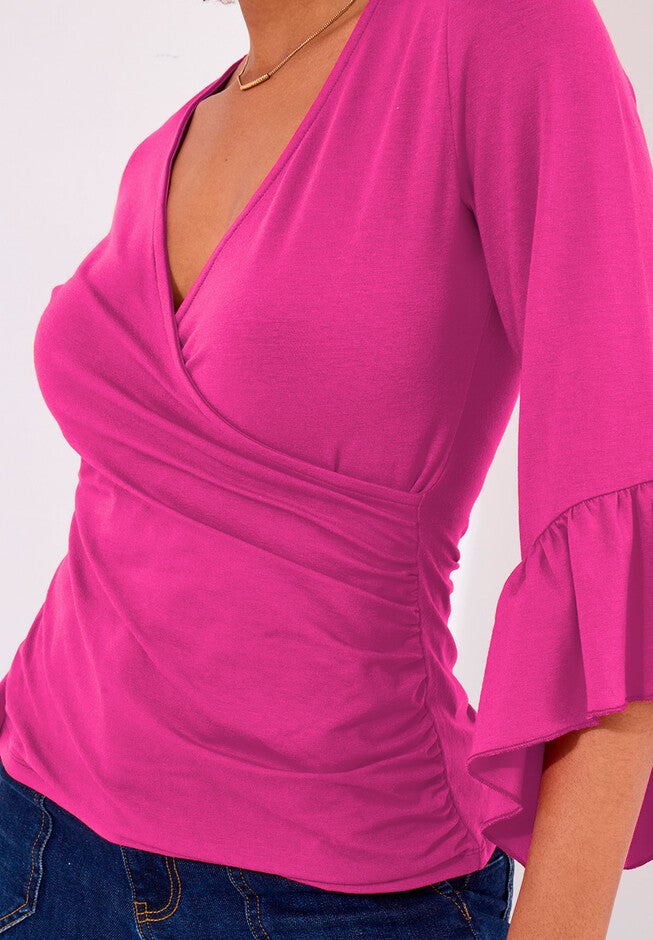 Stretch Knit Bell Sleeve Top, HOT PINK, on-hover image number null