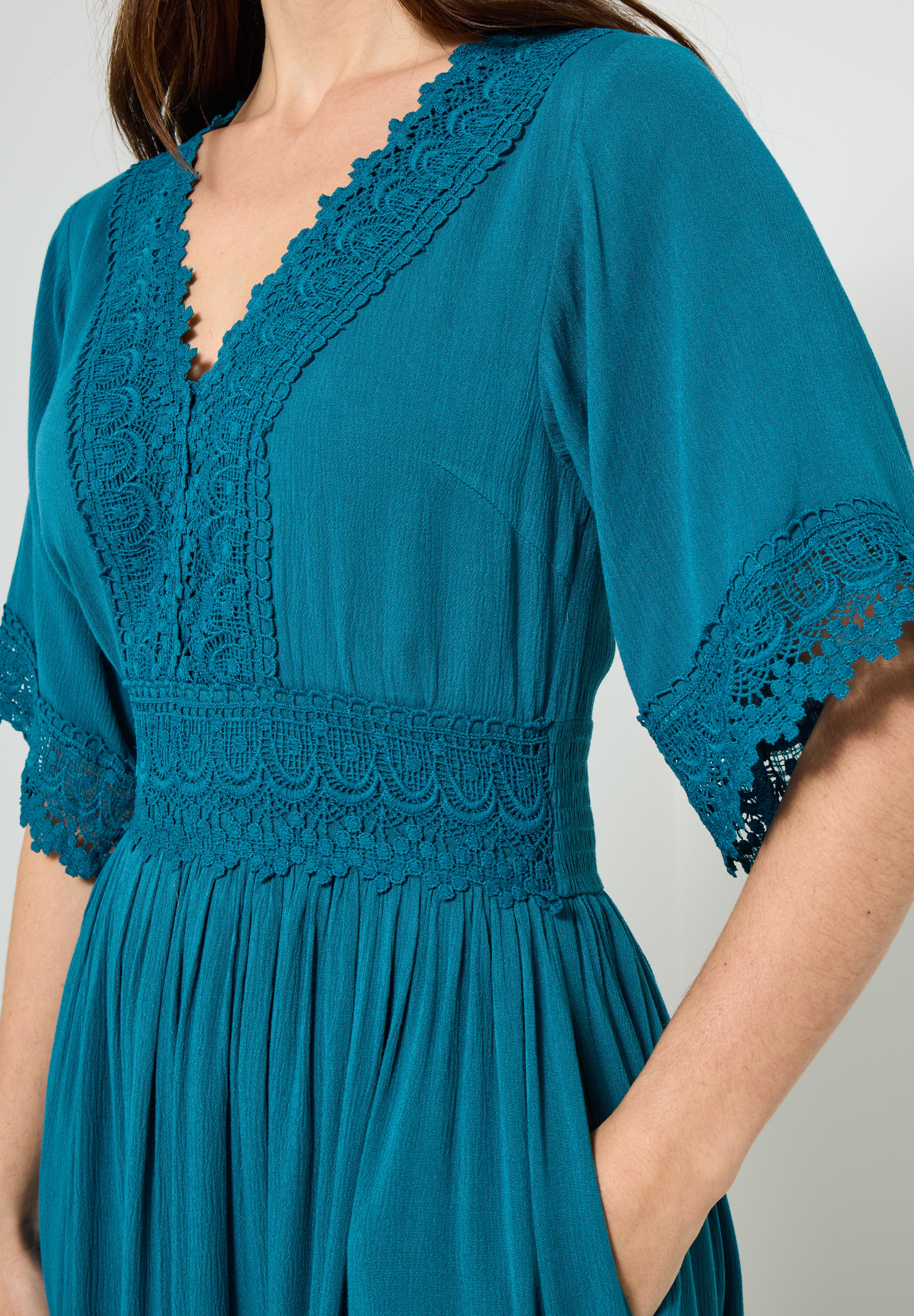 Crochet Trim Boho Midi Dress, TEAL, on-hover image number 1
