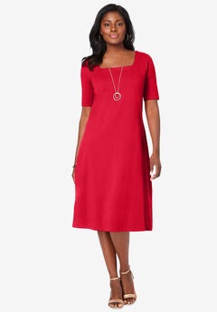 Stretch Cotton Square Neck Midi Dress