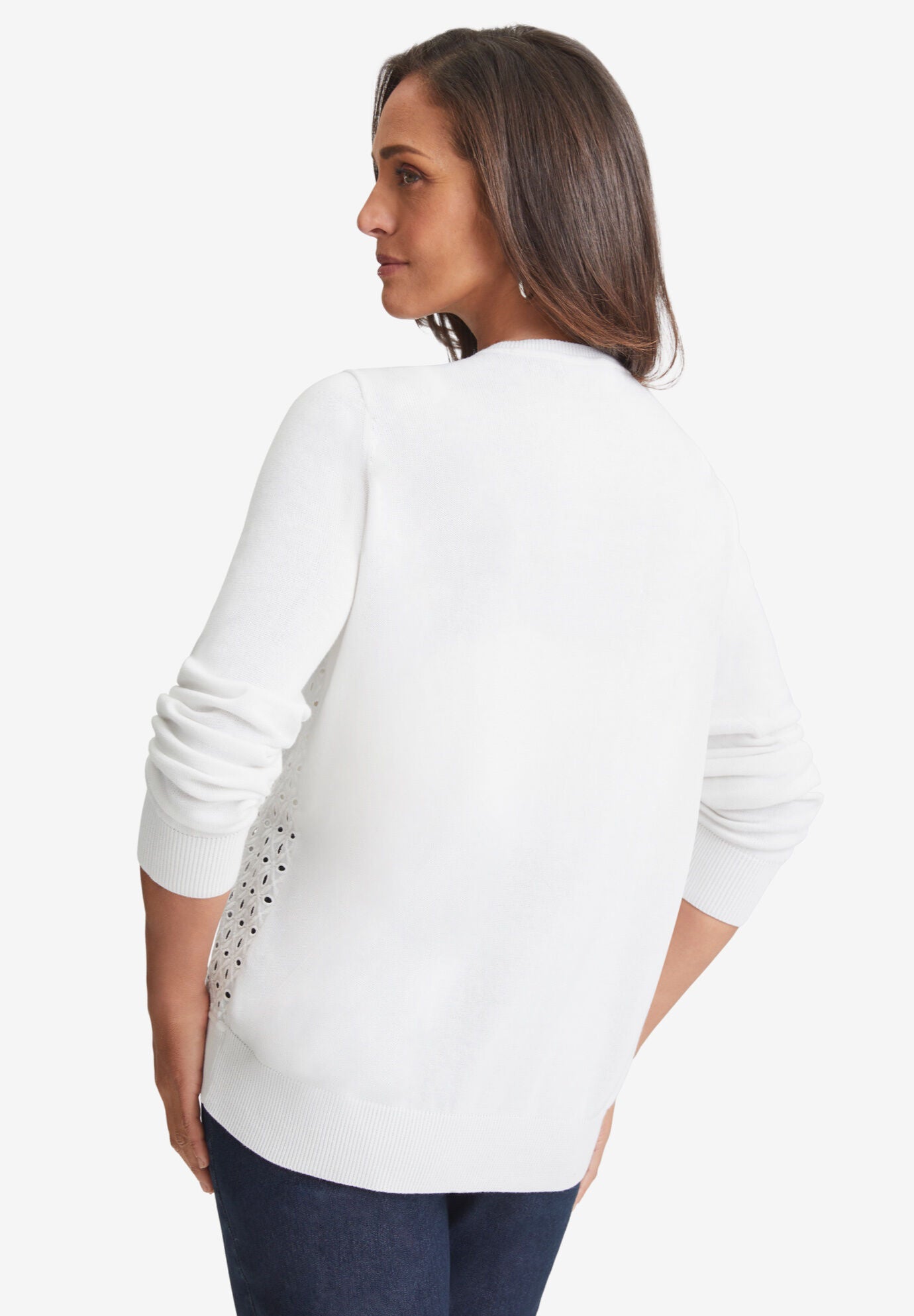 Fine Gauge Eyelet Cardigan, WHITE, alternate image number 3