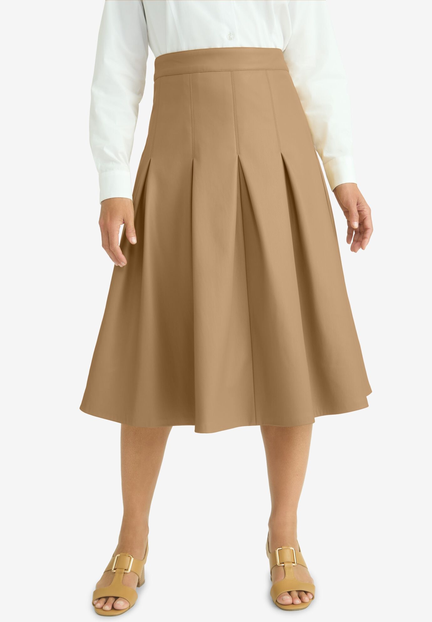 Faux Leather Pleated Midi Skirt, SOFT CAMEL, on-hover image number 1