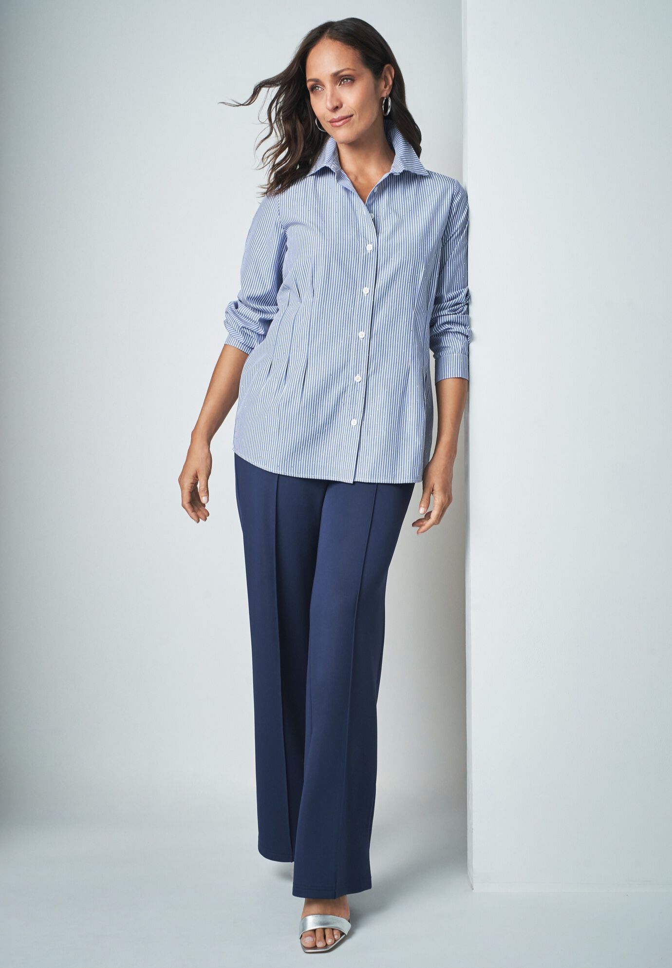 Stitched Waist Poplin Shirt, BLUE JEWEL STRIPE, on-hover image number 1