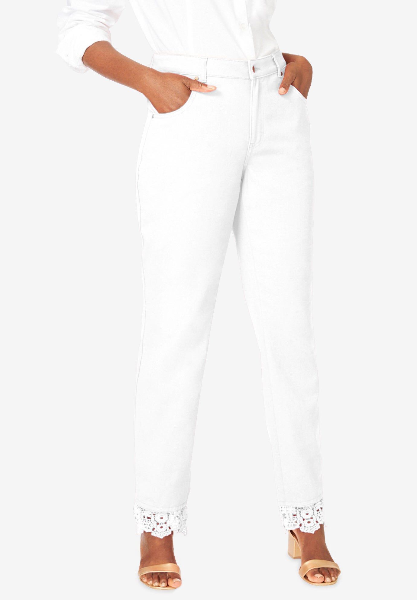Lace Trim Classic Denim Jean, WHITE, hi-res image number 0