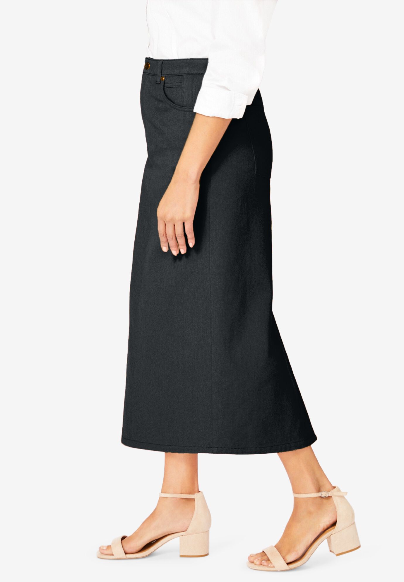Classic Cotton Denim Midi Skirt, BLACK, alternate image number 2