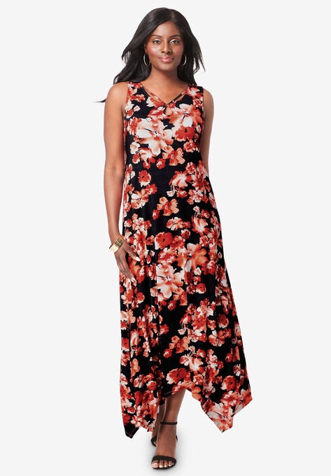 Keyhole Hanky Hem Maxi Dress, RED OCHRE FLORAL PRINT, hi-res image number null