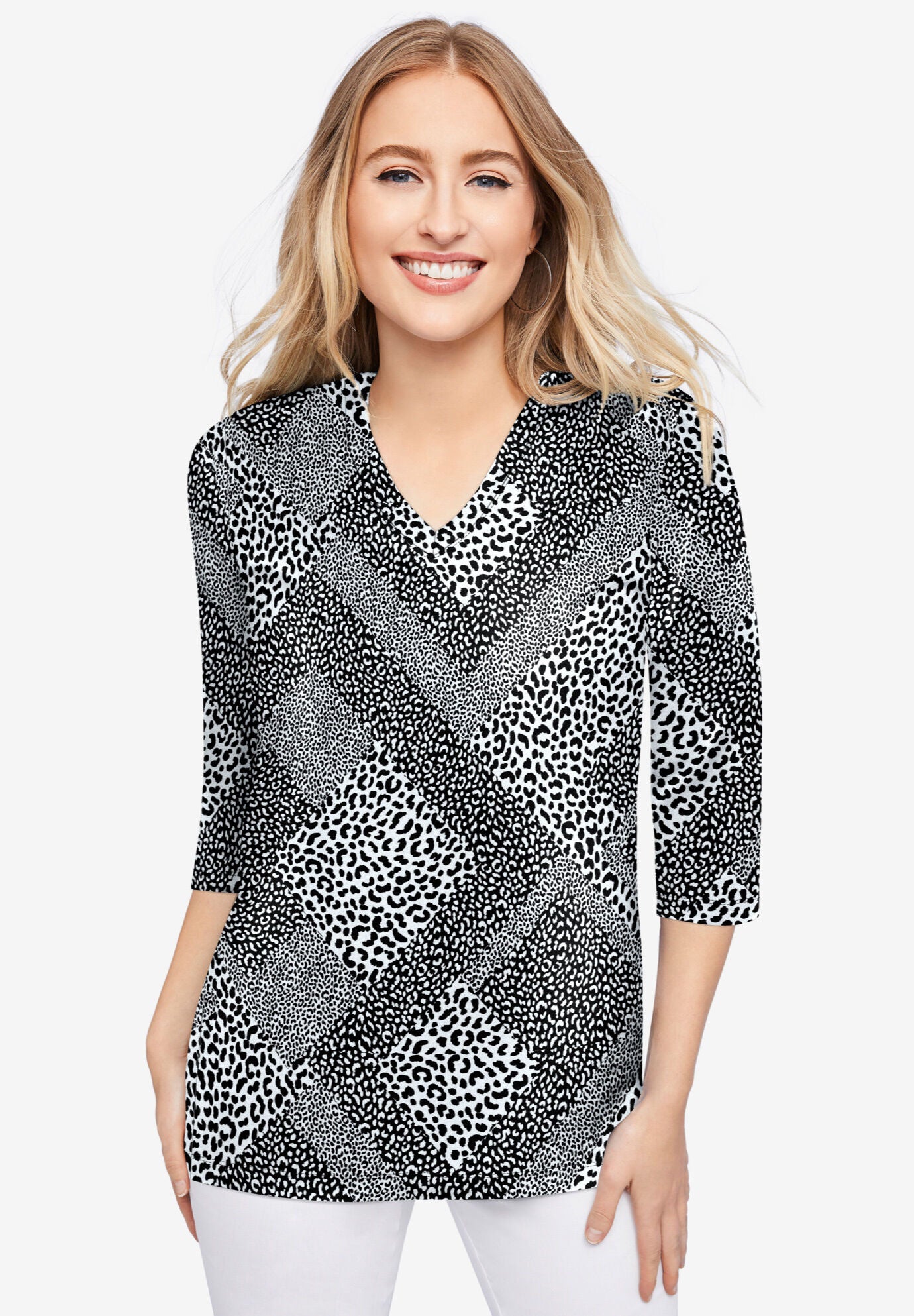Fashionable Stretch Cotton V-Neck Tee, Black Animal Patchwork | Roaman's