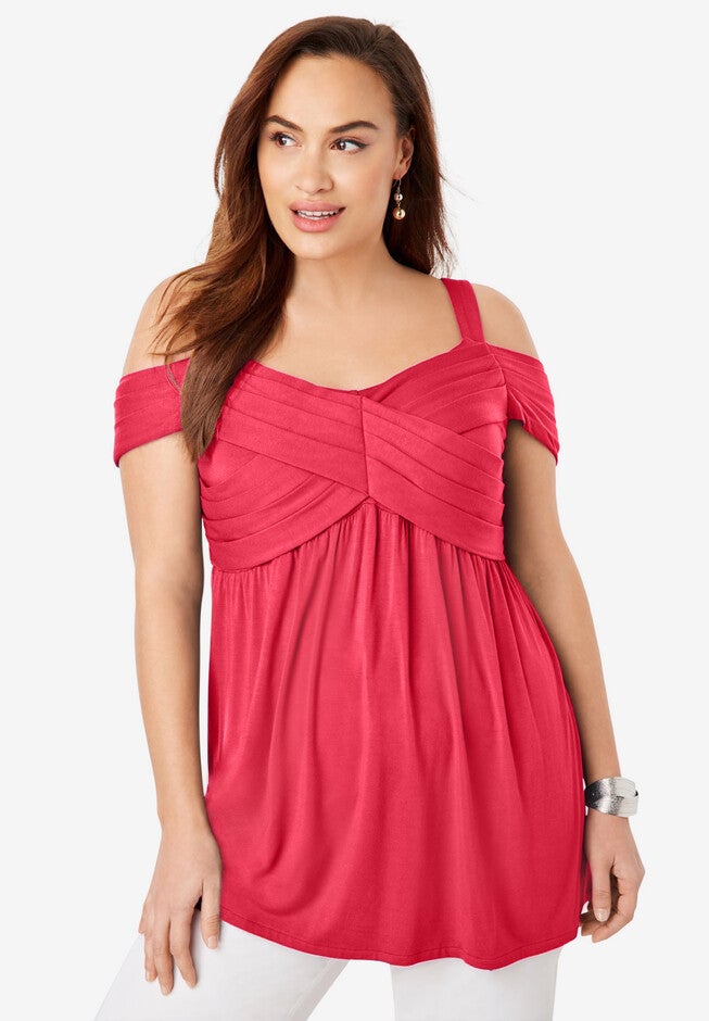 Cold Shoulder Pleat Tunic, VIBRANT WATERMELON, hi-res image number 0
