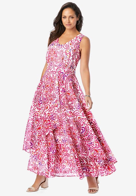 Georgette Flyaway Maxi Dress, PINK BURST PAINTED SCROLL, hi-res image number null