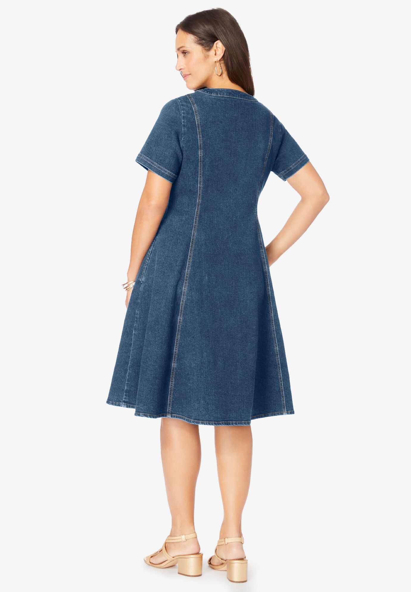 Button Front Denim Dress, MEDIUM STONEWASH, on-hover image number 1