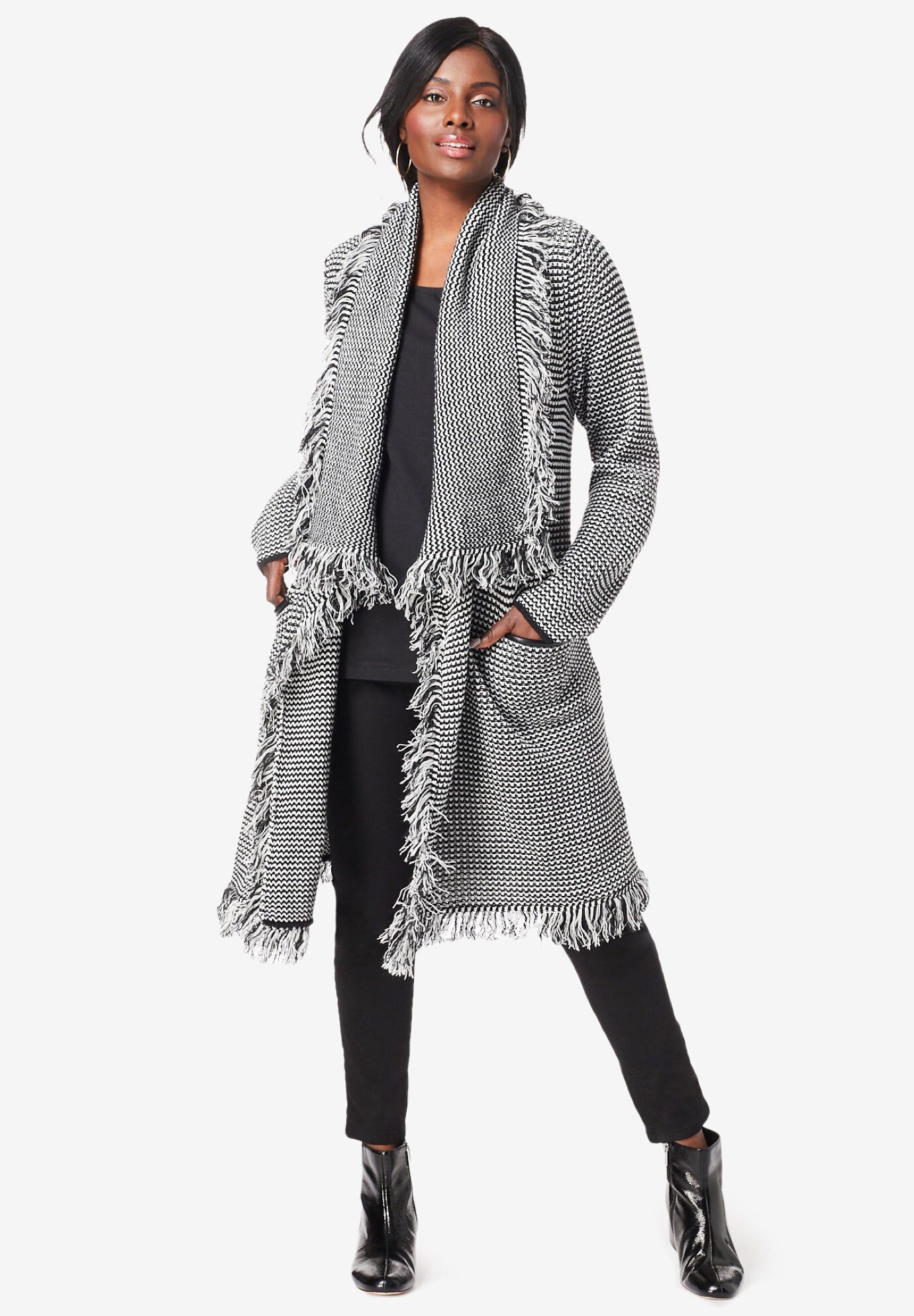 Shawl-Collar Fringe Jacket, BLACK IVORY, hi-res image number 0