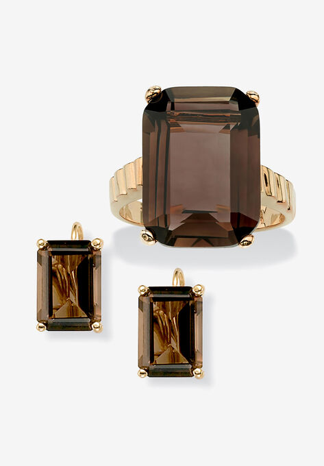 Yellow Gold-Plated Genuine Smoky Quartz Ring and Earring Set, GOLD, hi-res image number null
