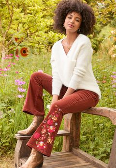 Embroidered Corduroy Flare Trouser