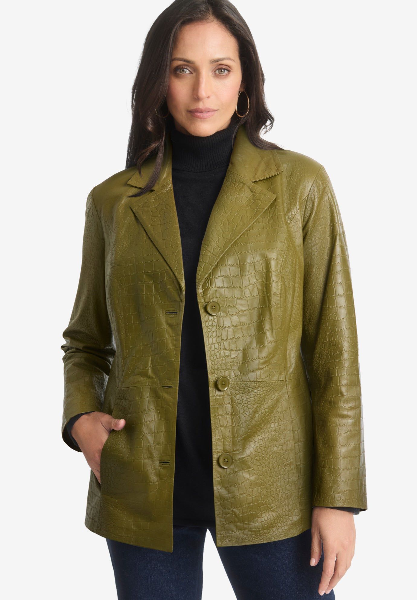 Croc Leather Blazer, MOSS GREEN, hi-res image number 0