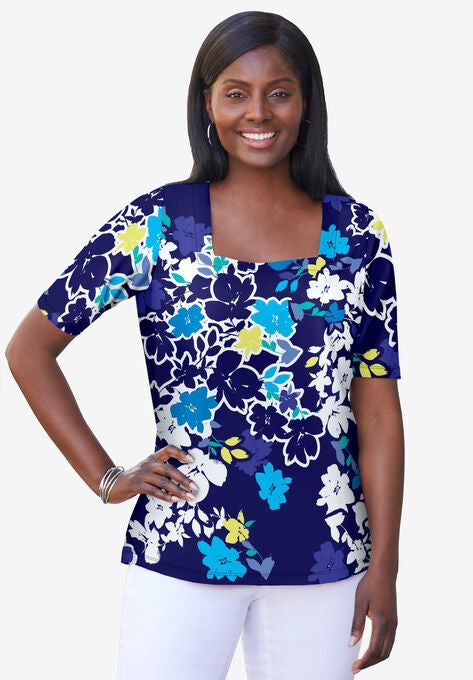 Square Neck Tee, BLUE FLOWER, hi-res image number null