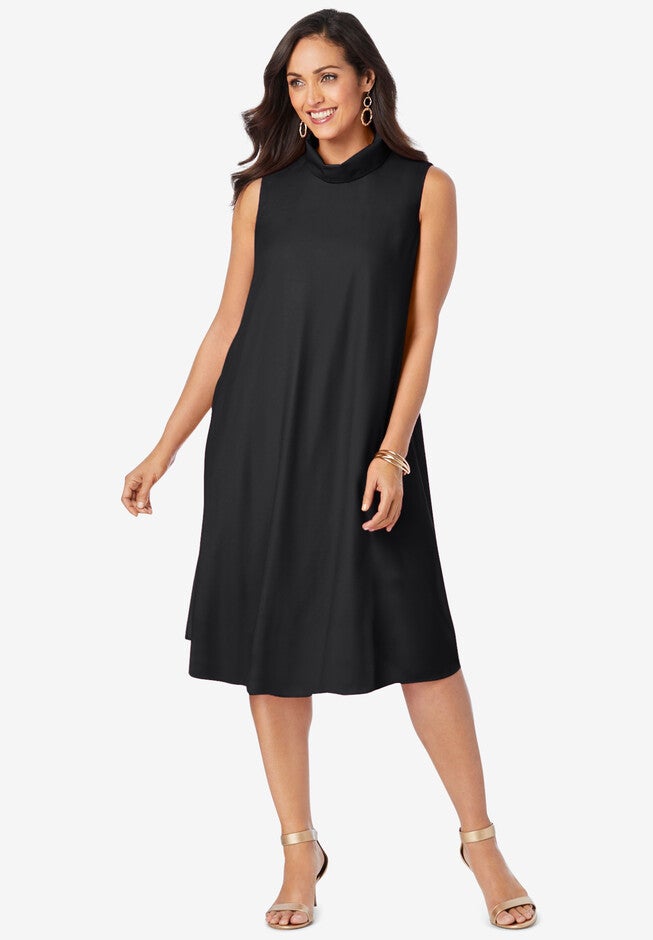 Georgette Mock Neck Dress, BLACK, hi-res image number null