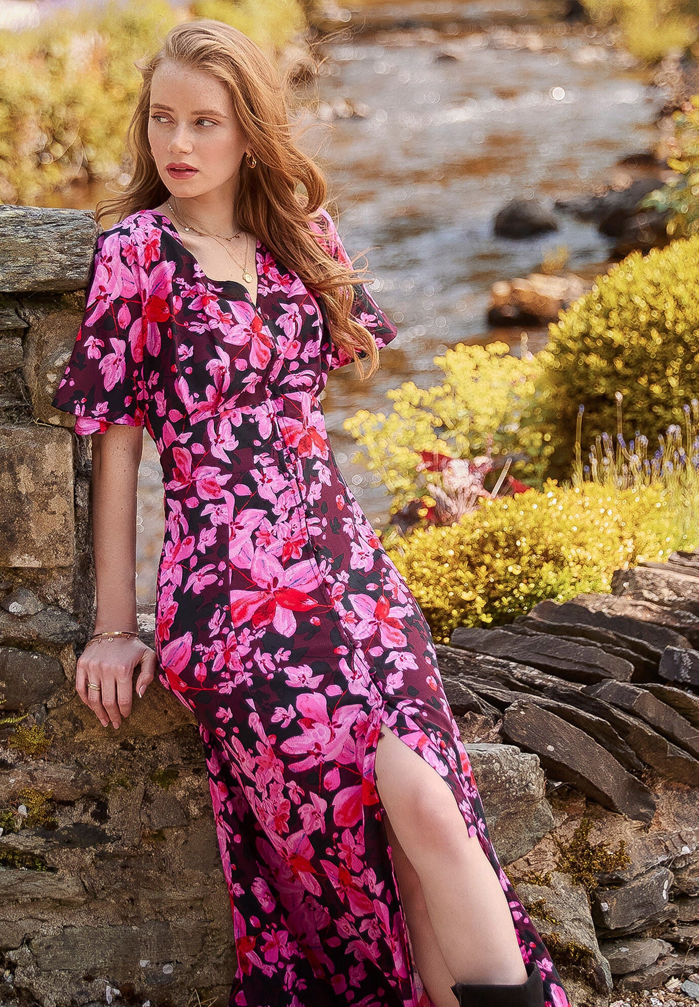 Flutter Sleeve Maxi Dress, PINK ABSTRACT FLORAL, hi-res image number 0