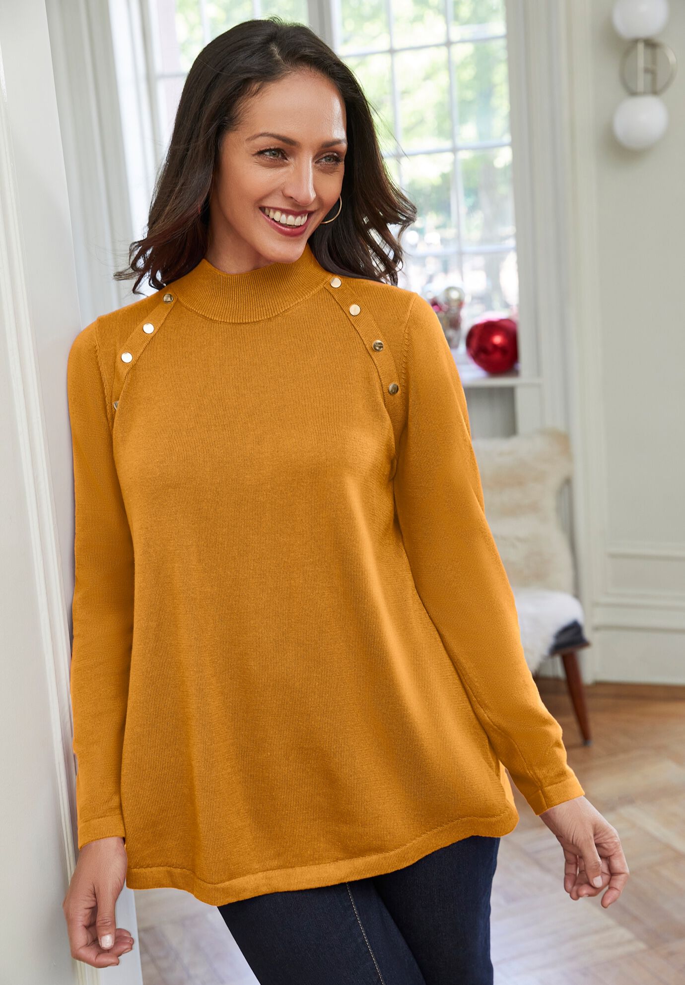 Gold Button Mockneck Sweater, , alternate image number 3