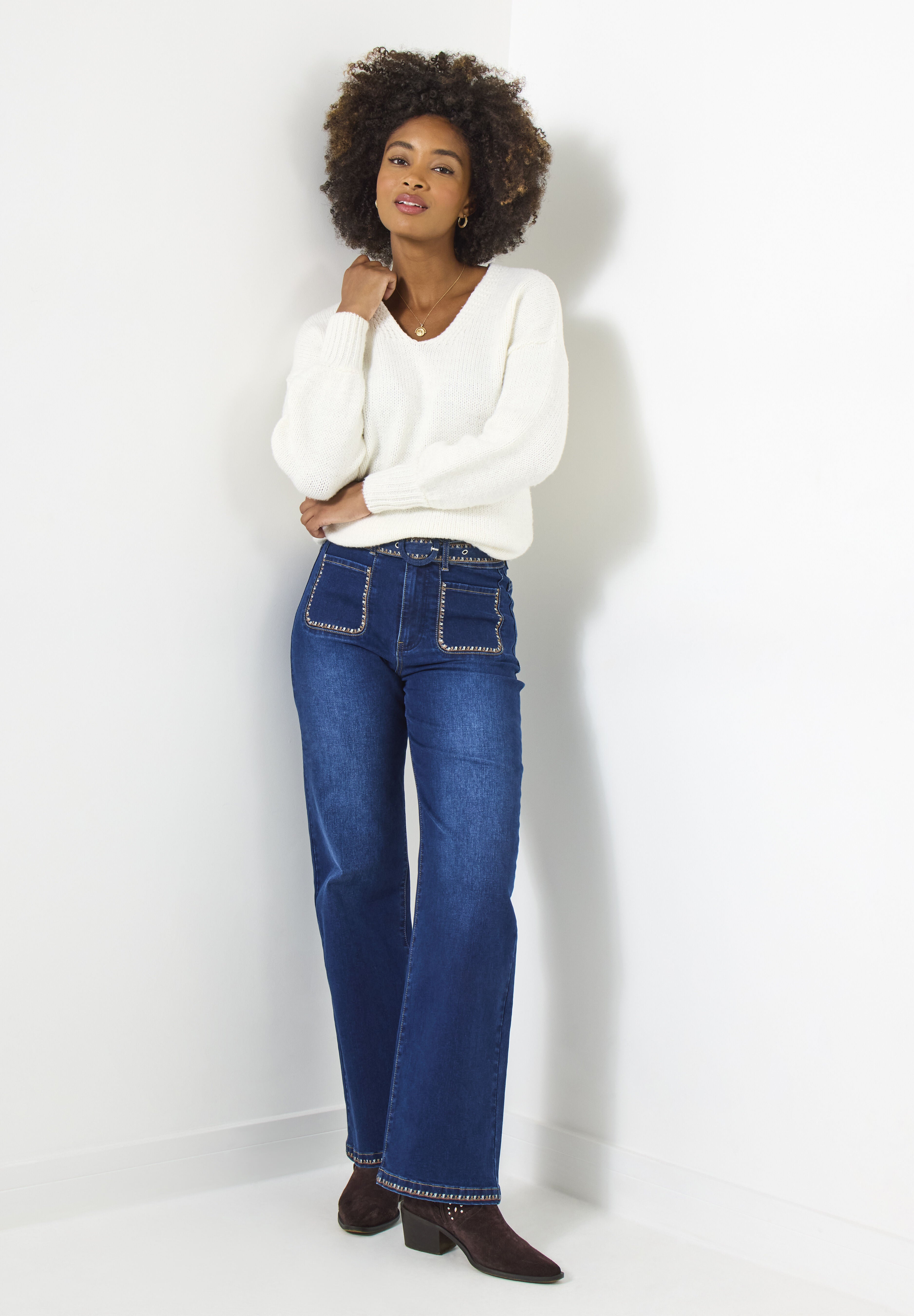 Embroidered Wide Leg Jeans, DARK BLUE EMBROIDERY, hi-res image number 0
