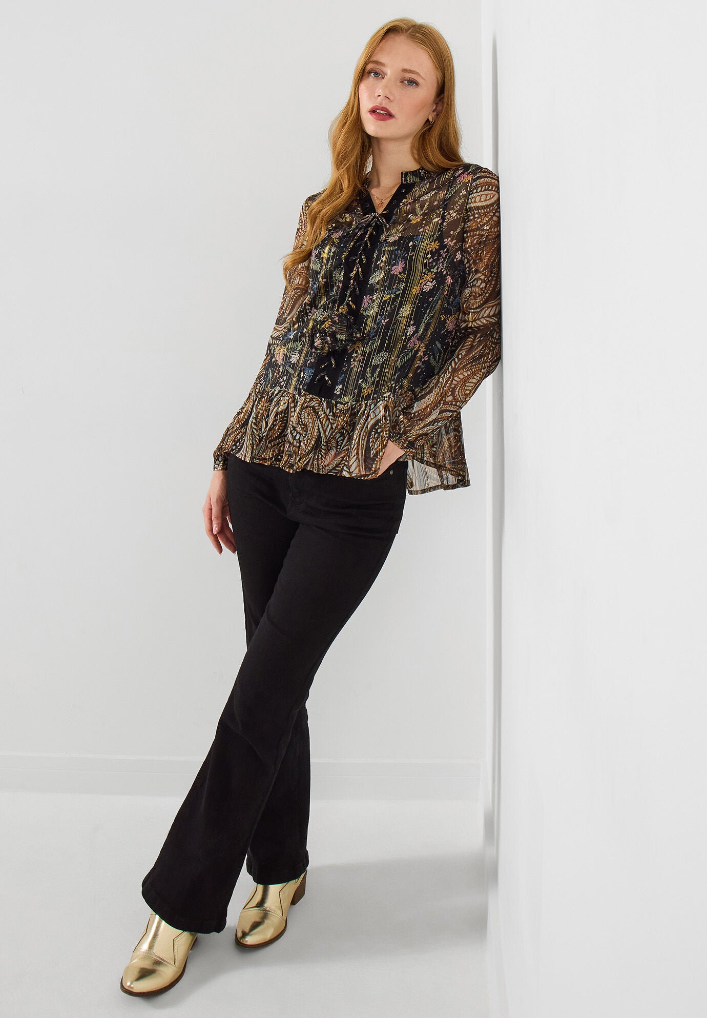 Sheer Metallic Lace-Up Blouse, METALLIC PAISLEY, alternate image number 4