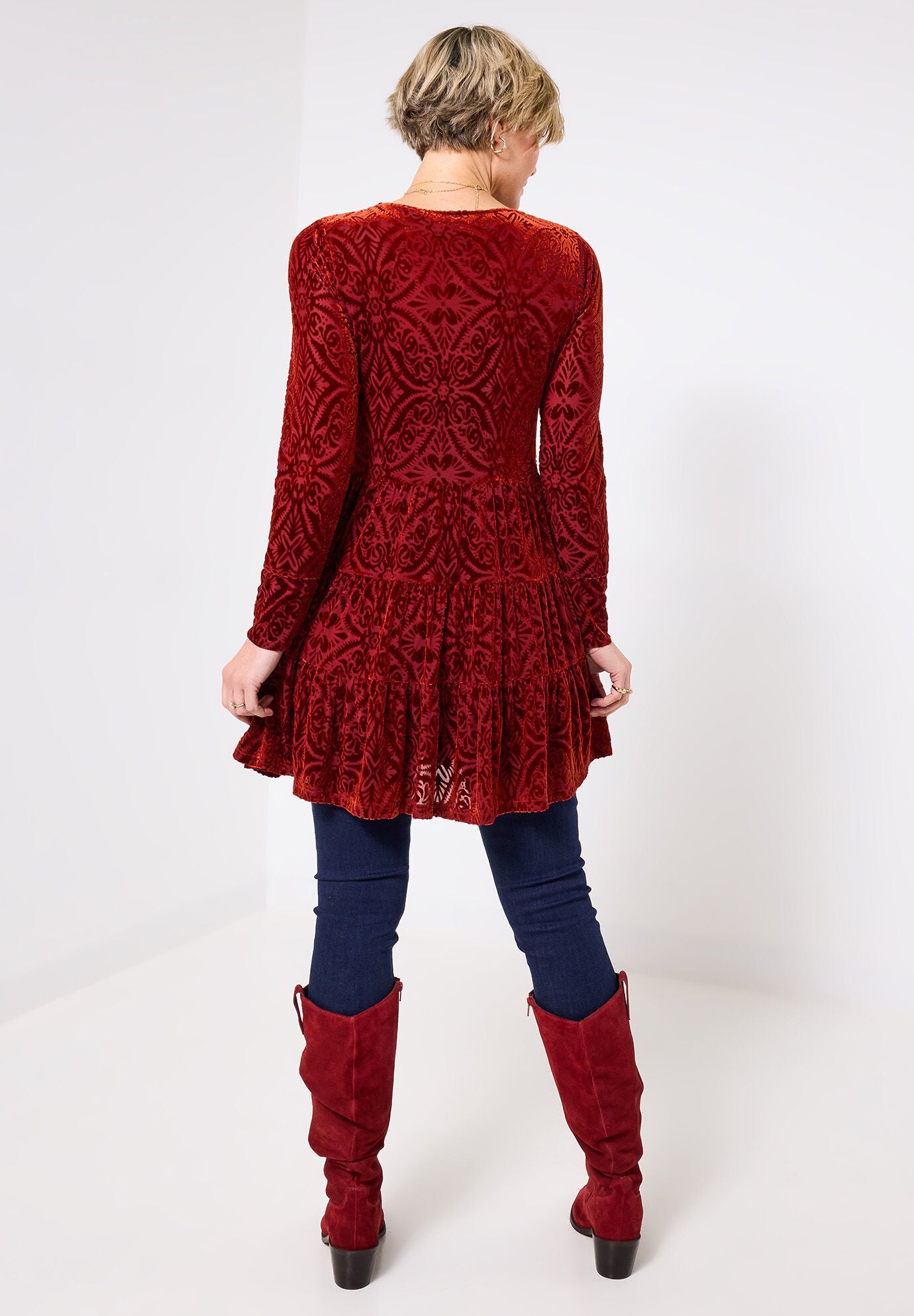 Burnout Velvet Tiered Long Tunic, BURNT ORANGE BURNOUT, alternate image number 3